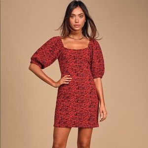 Sunset Red Multi Print Puff Sleeve Bodycon Mini Dress